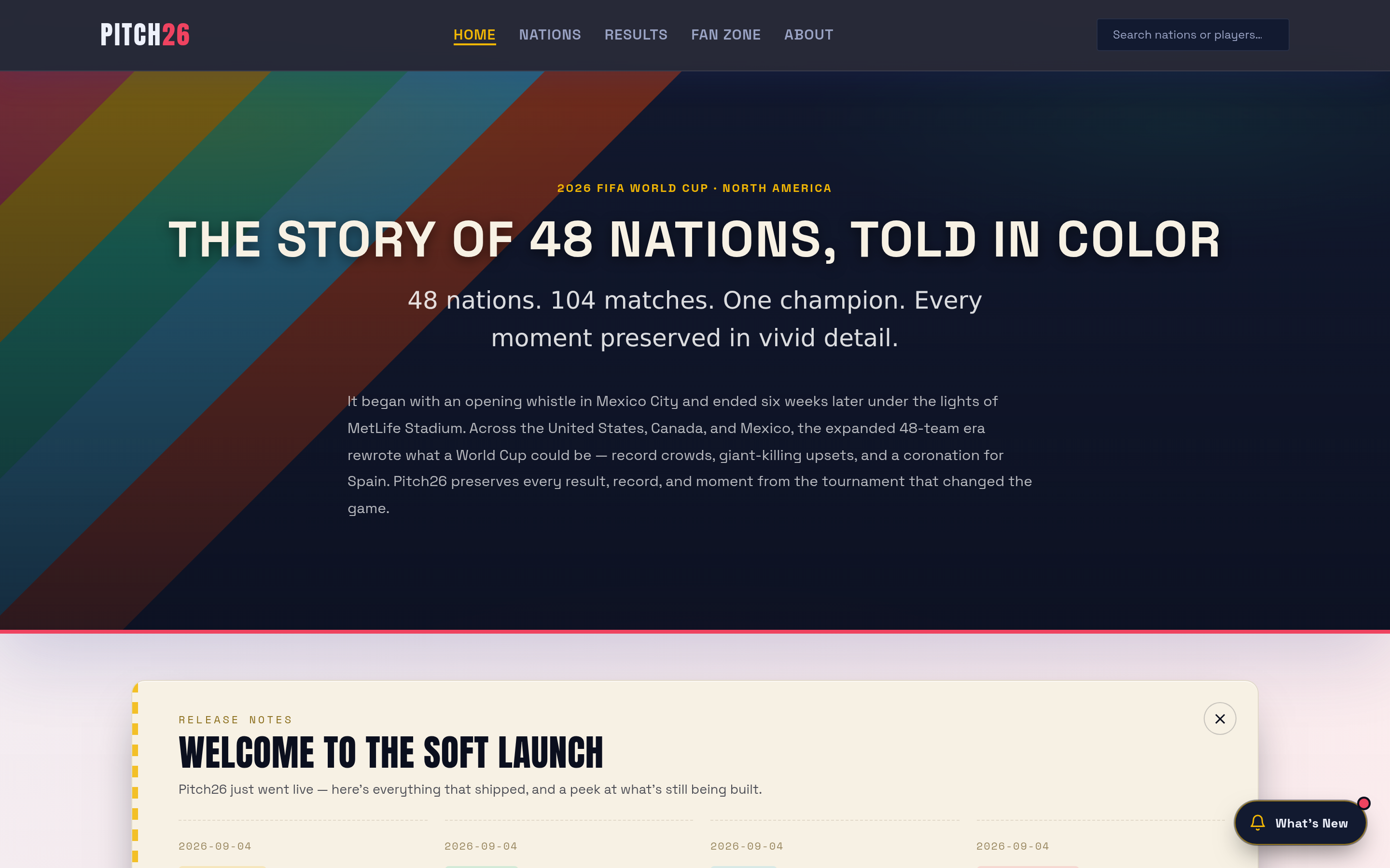 Pitch26 — 2026 FIFA World Cup Archive built with HTML, CSS, JavaScript & JSON data