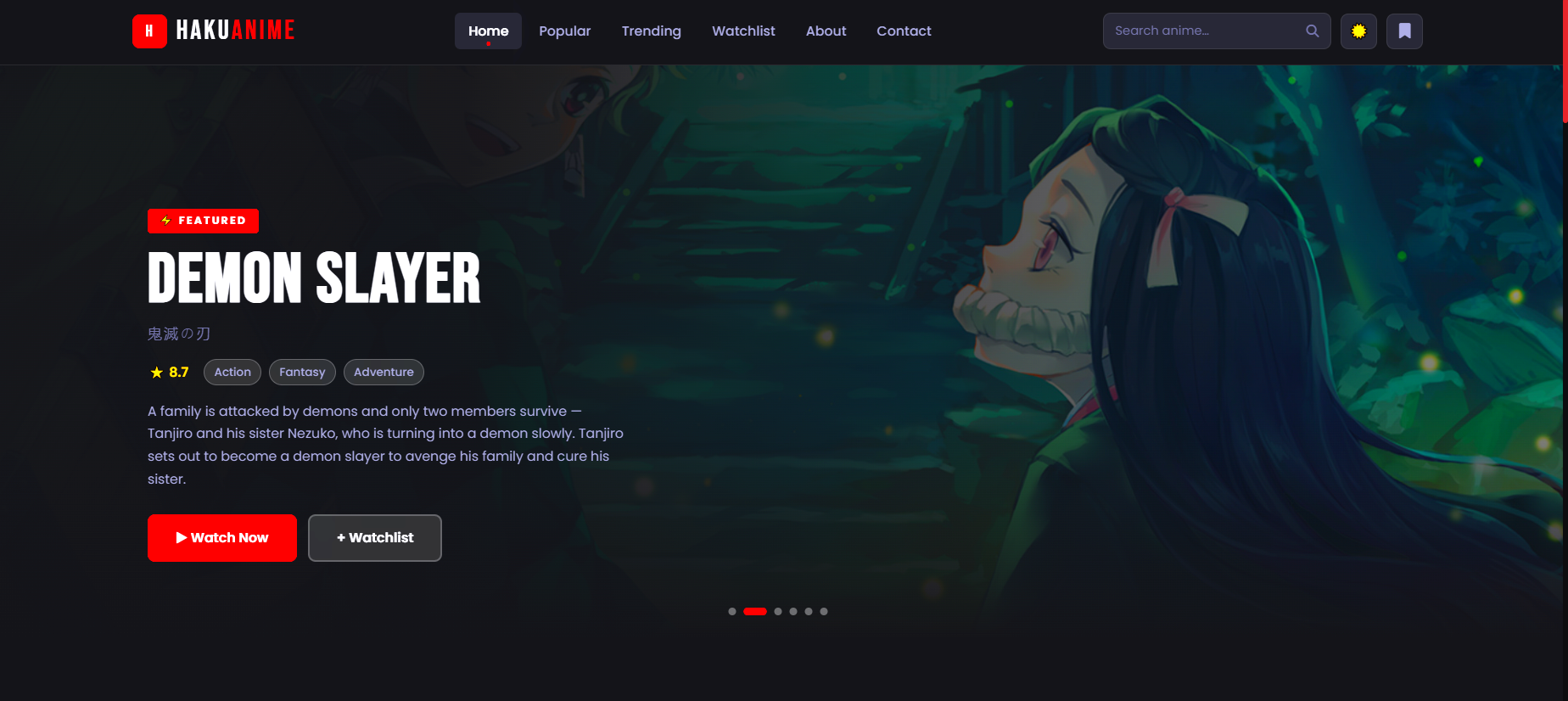 HakuAnime — Anime Streaming Demo Site built with HTML, CSS & JavaScript
